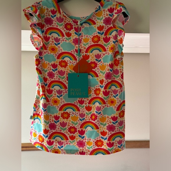 NWT Posh Peanut 3T-4T Rainbow Melody Ruffled Cap Sleeve Top Ruffled Short Set - Picture 4 of 7
